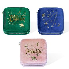 three different colored cases with writing on them and stars in the sky, moon, and planets