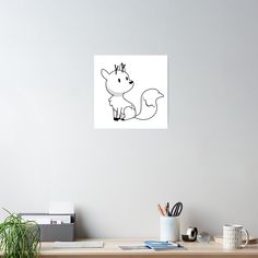 a black and white drawing of a fox sitting on top of a desk next to a plant