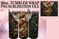 two tumbler wraps with an image of a fairy in the center and holly wreaths on