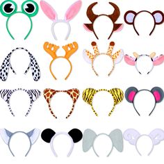 various animal ears and headbands are shown in different colors, shapes and sizes