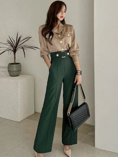 conjunto elegante Wide Leg Pant Suit, Pants Korean, Korean Casual, High Waist Pants, Women Formals, Casual Chic Outfit, Linnet, Professional Outfits