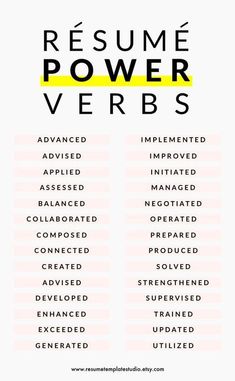 the words resume power verbbs are shown in black and yellow on a white background