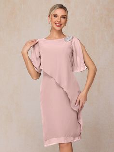 Dusty_Rose Elegant Pink Chiffon Dress For Wedding Guest, Party Chiffon Dress In Georgette With Short Sleeves, Pink Fitted Chiffon Mother Of The Bride Dress, Summer Evening Chiffon Mother Of The Bride Dress, Summer Party Chiffon Mother Of The Bride Dress, Pink Chiffon Mother Of The Bride Dress For Party, Pink Knee-length Chiffon Dress, Embellished Chiffon Dress, Pink Chiffon Short Sleeve Dress For Party