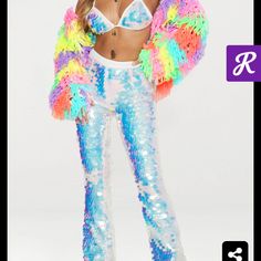 Amazing For Eras Tour Or Harry Styles Shows! Us 8 Uk 12 Multicolor Sequined Bottoms For Party Season, Multicolor Sequined Party Bottoms, Disco Style Bottoms For Spring Costume Party, Trendy Shimmer Bottoms For Spring, Glamorous Multicolor Sequined Bottoms, Iridescent Stretch Bottoms For Summer, Iridescent Disco Bottoms For Party, Disco Style Bottoms For Summer Costume Party, Sequin Disco Bottoms For Costume Party