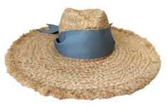 a straw hat with a blue ribbon around the brim