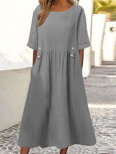 SkuCY-!163166MaterialRamie Cotton , >50%Cotton StyleLoose , A-line , Plus Size , Short Sleeves FeaturePockets , Buttoned , Pleated NecklineRound-neck OccasionCasual , Simple , Leisure Fashion SeasonsSpring , Summer TypeMidi Dresses ColorGRAY,WHITE,PURPLE,LIGHT GREENSizeS,M,L,XL,2XL,3XL Please consult the size chart we provide for this item's measurements to help you decide which size to buy.Please note: There may be 1-3cm differ due to manual measurement.CMINCHBustSleeveLengthS9425112M9826113L10227114XL106281152XL110291163XL11430117 Cotton Long Dress, Cotton Linen Dresses, Styl Boho, Mid Length Skirts, Long Summer Dresses, Basic Outfits, Linen Dresses, Linen Women, Types Of Skirts