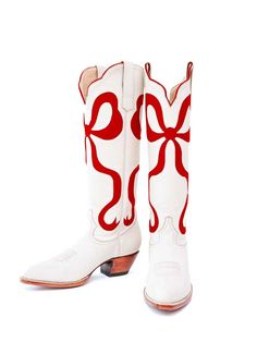 White Block Heel Red Bow Inlay Wide Calf Knee High Cowgirl Boots Red Western Outfit, Red Cowgirl Boots Outfit, Heeled Cowgirl Boots, Games Outfits, Knee High Cowgirl Boots, Wide Calf Cowgirl Boots, High Cowgirl Boots, Short Cowgirl Boots, Country Outfitter Boots