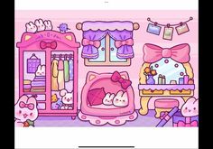 an image of a hello kitty bedroom with pink furniture and accessories on the walls,