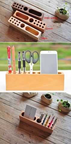 the wooden desk organizer is organized with pens, scissors and pencils