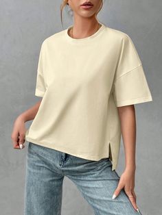 Women's Round Neck Short Sleeve Fashionable Casual Loose Basic Asymmetric T-Shirt Apricot Casual  Short Sleeve Polyester Plain  Slight Stretch  Women Clothing, size features are:Bust: ,Length: ,Sleeve Length: Bow Shorts, Effortless Hairstyles, Dark Jeans, Hair Accessories For Women, White T, Casual T Shirts, Apricot, All Fashion, Women Clothing