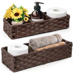 two brown baskets with towels and soaps in them