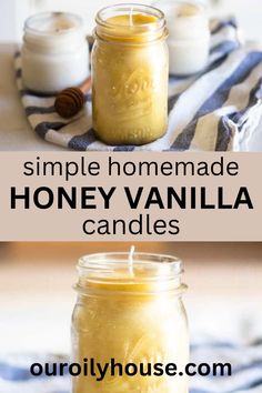 two jars filled with honey vanilla candles on top of a table