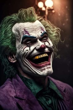 the joker with green hair is smiling at the camera