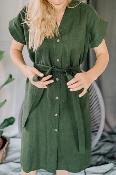 "MsWrinkle's clothing - from human to human. 100% handmade. *Description* - Loose fit shirt dress with short sleeves, buttons, pockets and belt; - High quality European linen; - Washed and softened (doesn't shrink anymore); - Medium weight linen (170 g/m2); - Our linen is OEKO-TEX certified that meets human ecological safety requirements; - Not transparent; - Not ironed and we suggest to use tumble dryer to keep soft and naturally wrinkled look. *Sizes* For perfect fit please send us your bust a Summer Tunic Shirt Dress For Work, Casual Fitted Short Sleeve Belted Dress, Casual Belted Dress With Buttons For Summer, Casual Fitted Belted Dress With Short Sleeves, Casual Summer Belted Dress With Buttons, Summer Short Sleeve Belted Shirt Dress, Spring Short Sleeve Belted Dress With Pockets, Summer Short Sleeve Belted Dress With Buttons, Summer Belted Short Sleeve Shirt Dress