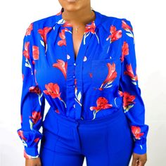 Long Sleeve Beautiful Cuffed Shoulder V-Neck Button Up Blouse Polyester Chic Blue Split Neck Blouse, Blue Floral Print Blouse With Split Neck, Blue Floral Print Split Neck Blouse, Boho Peasant Top, Maroon Blouse, Lace Trim Top, Cap Sleeve Top, Women Tunic Tops, Knit Tunic