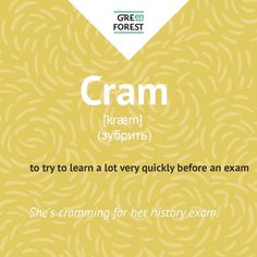 a yellow poster with the words cram in white and green font on it's bottom corner