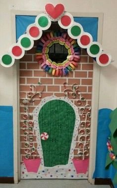 a door decorated with paper plates and decorations