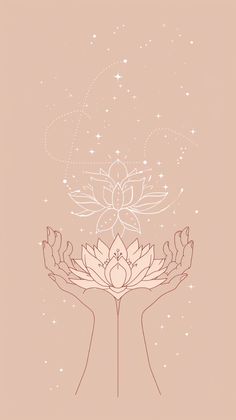 two hands holding a lotus flower with stars in the sky behind them, on a pink background