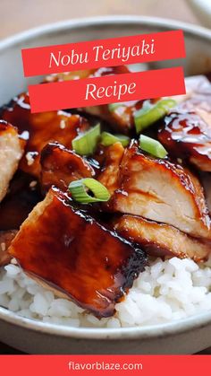 a bowl filled with rice and meat covered in teriyaki on top of it