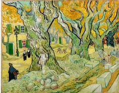 an image of a painting with trees in the foreground and people walking on the sidewalk