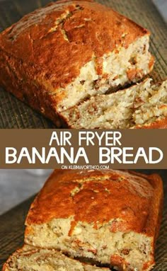 banana bread cut in half and sitting on a cooling rack with the title above it