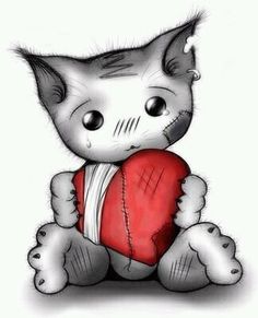 a drawing of a cat holding a heart in its paws and looking at the camera