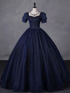 Blue Long Gown Dress, Dark Blue Dress With Sleeves, Long Ball Gown Dresses, Navy Blue Prom Dresses Long Sleeve, Dark Blue Dresses Prom, Dark Blue Fantasy Dress, Blue Princess Dress Aesthetic, Royalty Dresses Gowns, Dark Blue Dress Aesthetic