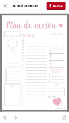 the printable planner is shown with pink hearts on it and text that reads plan de acc