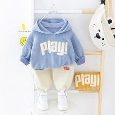 Boys Play Letter Printed Solid Hooded Jumper & Pants - PrettyKid Light Blue Cotton Long Sleeve Sets, Hooded Cotton Sets For Spring, Spring Cotton Hooded Set, Blue Hooded Sets For Spring, Blue Hooded Spring Sets, Playful Blue Sets For Fall, Hooded Cotton Sets For Winter, Cotton Hooded Winter Sets, Winter Cotton Hooded Sets