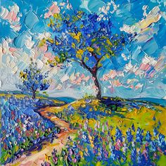 a painting of a tree on a hill with blue sky and clouds in the background