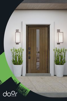 two potted plants sit in front of a wooden door with glass panels on the side