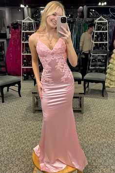 straps pink embroidered mermaid long formal dress party dress with cross back Pink Mermaid, Pink Prom, Grad Dresses, Dress Inspo, Dress Inspiration, Planning Ahead, Satin Material, Party Dress Long, Long Prom Dress