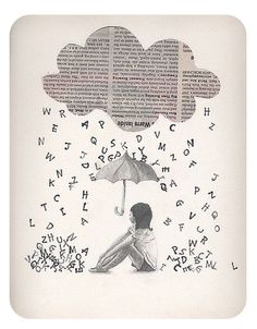 a drawing of a person sitting under an umbrella with letters coming out of the clouds