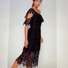 Stunning Solid Black Lack Dress. Unique Lace Draped One Shoulder Design. Hidden Zip Closure. Brand New But No Hang Tags. Msrp $448 Elegant Summer Lace Evening Dress, Elegant Summer Evening Lace Dress, Elegant Off-shoulder Lace Dress For Party, Elegant Off-shoulder Lace Dress For Spring, Chic Short Sleeve Lace Evening Dress, Dressy Lace Midi Length Dress For Evening, Dressy Lace Midi Dress For Evening, Black Sheath Dress For Spring, Dressy Midi-length Lace Dress For Evening