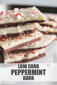 low carb peppermint bark is stacked on top of each other