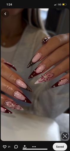 Extra Almond Nails, Birthday Nail Set Ideas January, Birthday Nails Winter, Almond Nails Designs Winter, Eccentric Nails, Red Nail Inspo, Slay Nails, Almond Acrylic Nails Designs, Tattoo Nails