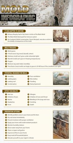 Mold shared by 911remediation | published Feb 16, 2014 in Business Get a visual look at our mold infographic that include mold triggers, potential reasons for mold, effects on health and prevention options. Mold Poisoning, Natural Bathroom Cleaner, Mold Toxicity, Mold Illness