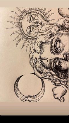 a drawing of a woman's face with the sun above her head and moon below it