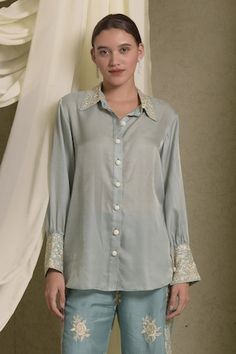 Mint blue shirt featuring gara embroidery on the collar and sleeve cuff. - Aza Fashions Elegant Embroidered Shirt For Festive Occasions, Elegant Festive Embroidered Shirt, Festive Long Sleeve Blouse With Embroidered Cuffs, Embroidered Collars, Mint Blue, Blue Shirt, Embroidered Shirt, Full Sleeve, Collar Shirts