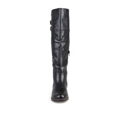 Our faux leather knee-high boot features charming elements such as a high-low silhouette, dual strap details, and an inside zipper entry for easy entry. Please refer to size chart for calf measurements. • Round-Toe • Buckled Strap Details • Inside Zipper Entry • 17-in Shaft Height • Padded Footbed • 1-in Block Heel • Faux Leather Uppers All measurements are approximate and were taken using a size 6. Please note measurements may vary slightly by size. Shoe Last, Riding Boot, Leather Riding Boots, Knee High Leather Boots, Wide Calf, Wide Fit Boots, Journee Collection, Grey Stone, Black 7