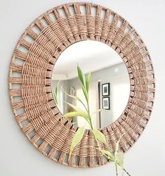 a round mirror hanging on the wall next to a potted plant in front of it