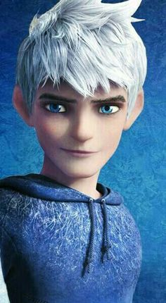 an animated character with white hair and blue eyes, wearing a blue hoodie that has horns on it's head