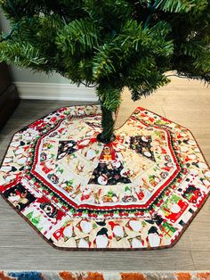 a small tree in a potted planter on top of a rug with mickey mouses