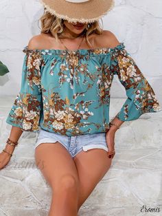 Eromis - Exquisite Womens Floral Off-Shoulder Blouse with Lettuce Trim for a Fashionable Summer Look Long Sleeve Off-shoulder Top For Summer Beach, Long Sleeve Off-shoulder Top For Beach In Summer, Off-shoulder Long Sleeve Top For Summer Beach, Summer Vacation Floral Print Off-shoulder Top, Off-shoulder Floral Print Blouse For Beach, Off-shoulder Blouse With Floral Print For Beach, Summer Floral Print Off-shoulder Top, Off-shoulder Summer Blouse With Floral Print, Summer Off-shoulder Floral Print Blouse