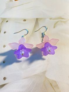 Frosted Colorful Flower Earrings with Glass beads. Beautiful and unique earrings. Fairylike earrings. Great gift. Whimsical Multicolor Flower Charm Earrings, Handmade Purple Flower Earrings Whimsical Style, Pink Whimsical Flower Earrings For Pierced Ears, Purple Flower Earrings For Party, Purple Handmade Whimsical Flower Earrings, Whimsical Pink Flower Earrings For Pierced Ears, Handmade Purple Whimsical Flower Earrings, Purple Flower-shaped Earrings, Whimsical Spring Flower Earrings