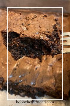 a piece of chocolate brownie being held up by a spatula with a bite taken out of it