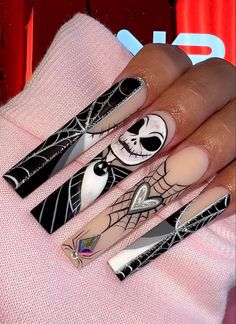 Crazy Halloween Nails, Nails Board, Nightmare Before Christmas Nails, Holloween Nails, Fake Nails Long, Halloween Acrylic Nails, Long Press On Nails, October Nails