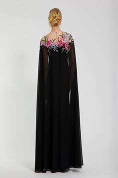 Mac Duggal 11798 FALL 2024 Evening collection dress. Mac Duggal Floral Dresses, Elegant Maxi-length Embroidered Kaftan, Mac Duggal Floral Dress, Black Long Sleeve Kaftan With Floral Embroidery, Fall Formal Dresses, Destination Wedding Guest Dress, Mac Duggal Gown Black, Sheer Cape, Cape Gown