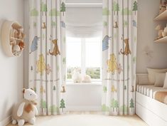 a child's bedroom with white walls and curtains