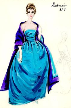 a drawing of a woman in a blue dress